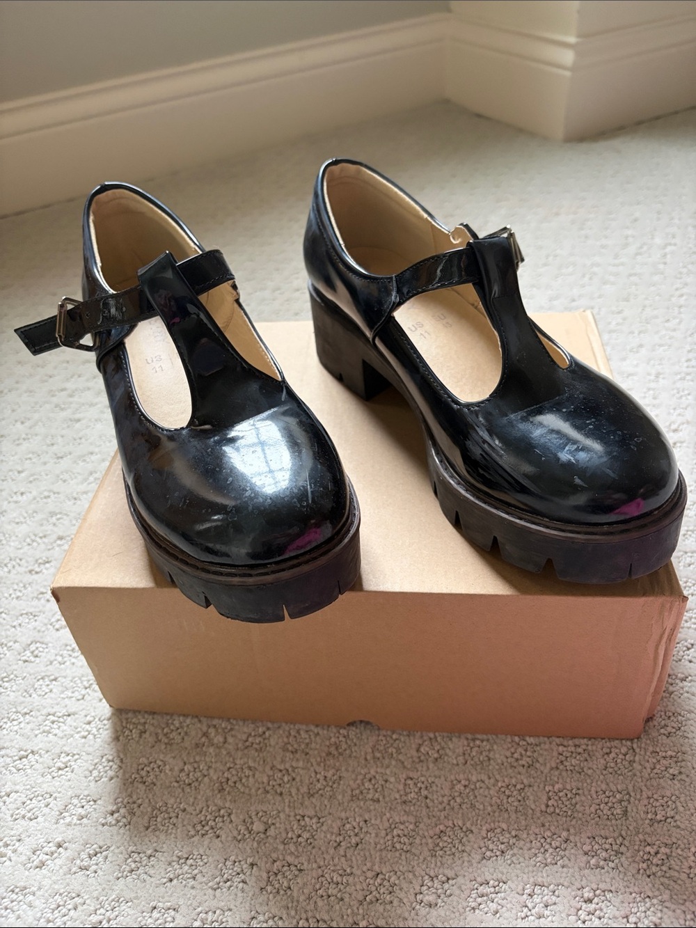 Black Patent T‑Strap Platform Mary Jane Heels